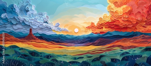 Detailed paper art of Ulaanbaatarâ€™s Genghis Khan Statue, capturing the impressive monument against the backdrop of the vast Mongolian landscape in a vibrant style. Illustration, Minimalism,