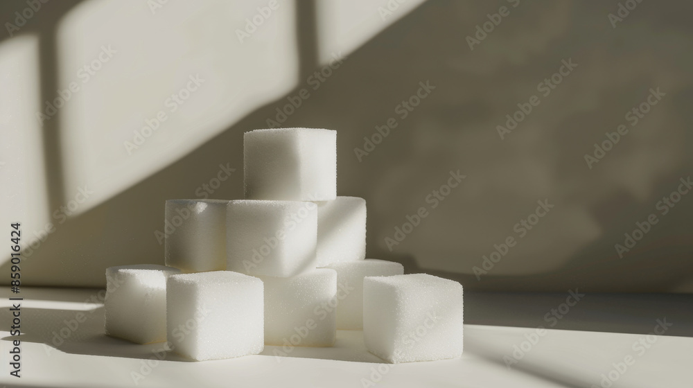 Sugar cubes stacked geometrically, casting shadows on a plain surface, highlighting the simplicity and stark contrast in a minimalistic setting. Sugar cubes stacked geometrically, casting shadows on a plain surface, highlighting the simplicity and stark contrast in a minimalistic setting.