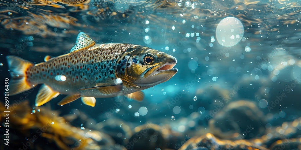Brown Trout Swimming Through Sunlit Water Brown Trout Swimming Through Sunlit Water