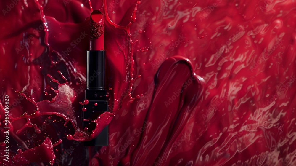 Fototapeta premium A promotional photo of lipstick on a dark red liquid background with abstract streaks.