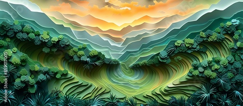 Exquisite paper craft illustration of Ubud's terraced rice fields, capturing the lush greenery and serene landscape in a detailed and delicate paper art style. Illustration, Minimalism, photo