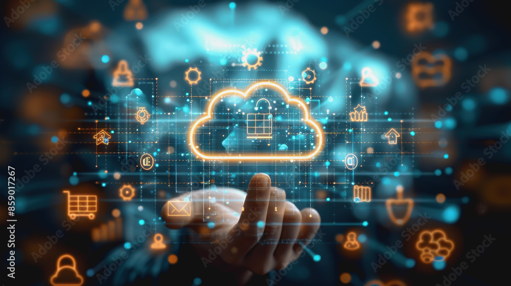 business technology cloud storage concept with backup social media data information icons. business technology cloud storage concept with backup social media data information icons.