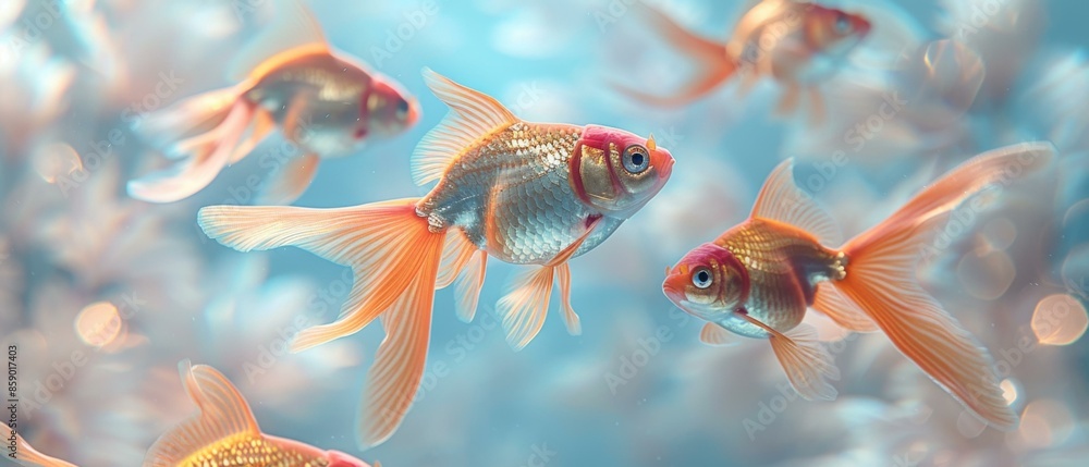 Fototapeta premium A group of goldfish swimming in a blue water. AI.
