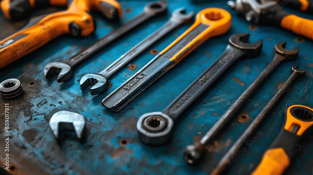 Fototapeta premium A close-up of a collection of tools, including wrenches, screwdrivers, and other tools, arranged on a blue metal surface.