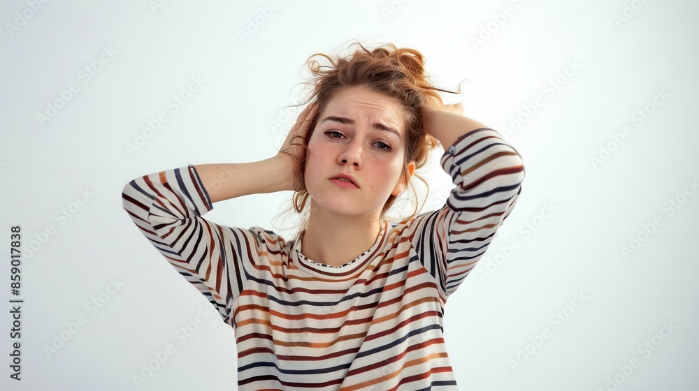 Portrait of a young woman with a striped shirt holding her head with both hands, feeling stressed or anxious. Portrait of a young woman with a striped shirt holding her head with both hands, feeling stressed or anxious.