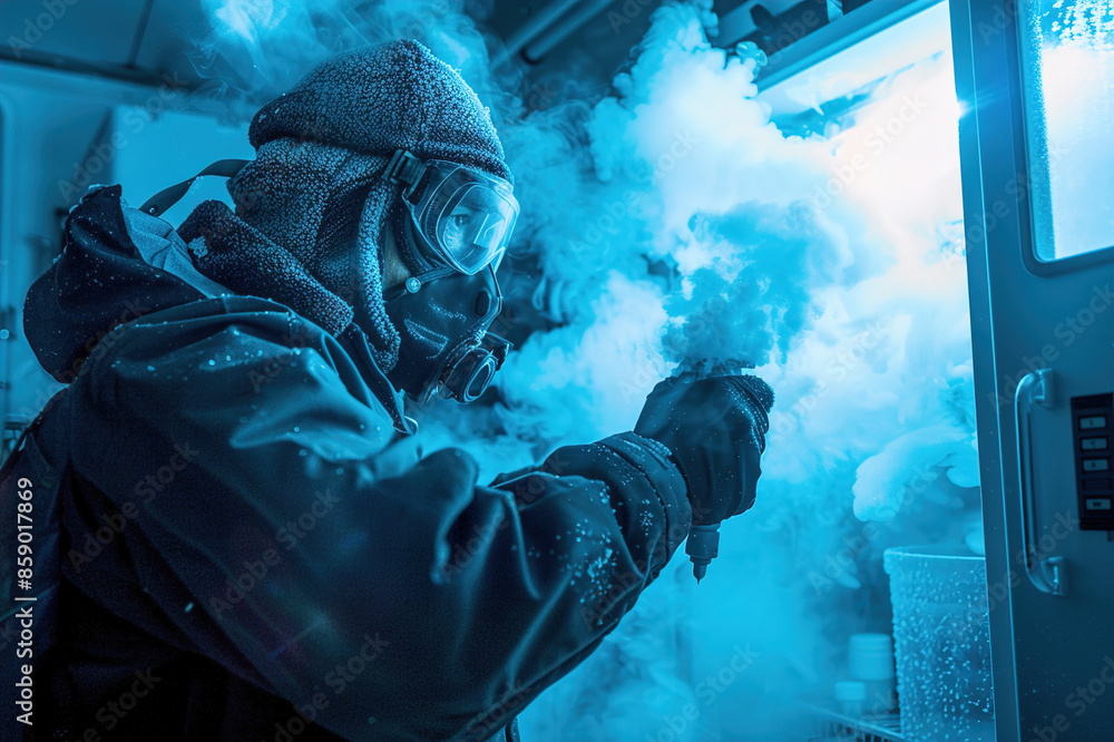 Fototapeta premium Lab assistant performing cryogenic preservation of biological samples, ultra-cold freezer, safety gear.