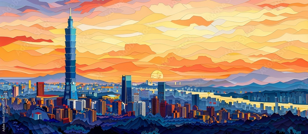 Obraz premium Intricate paper cut artwork of Taipei 101, showcasing the towering skyscraper against the backdrop of a bustling cityscape in a beautifully detailed and colorful style. Illustration, Minimalism,