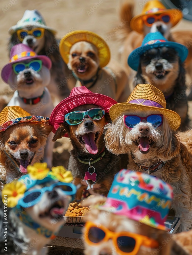 A group of dogs wearing colorful party hats and sunglasses. AI. A group of dogs wearing colorful party hats and sunglasses. AI.
