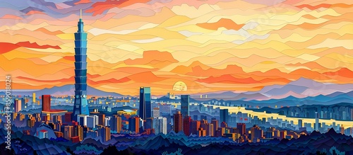 Intricate paper cut artwork of Taipei 101, showcasing the towering skyscraper against the backdrop of a bustling cityscape in a beautifully detailed and colorful style. Illustration, Minimalism,