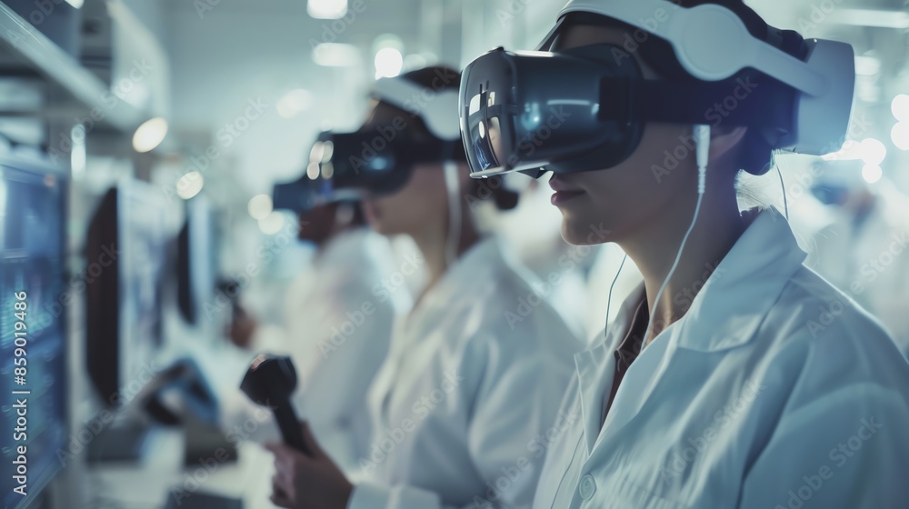 A group of scientists wearing VR headsets and lab coats work together in a futuristic laboratory. A group of scientists wearing VR headsets and lab coats work together in a futuristic laboratory.