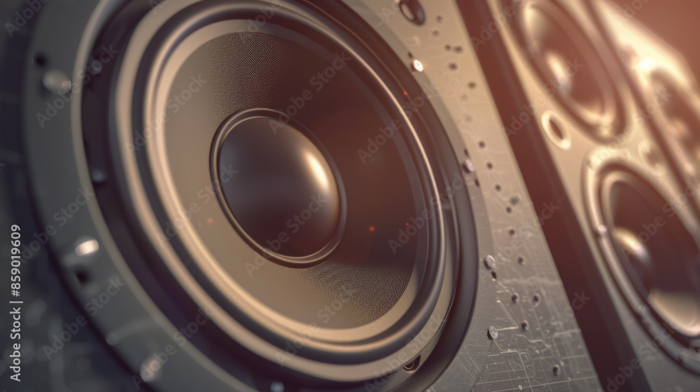Fototapeta premium A close-up of high-quality speakers with a warm, metallic finish, highlighting their precise engineering and sound performance.