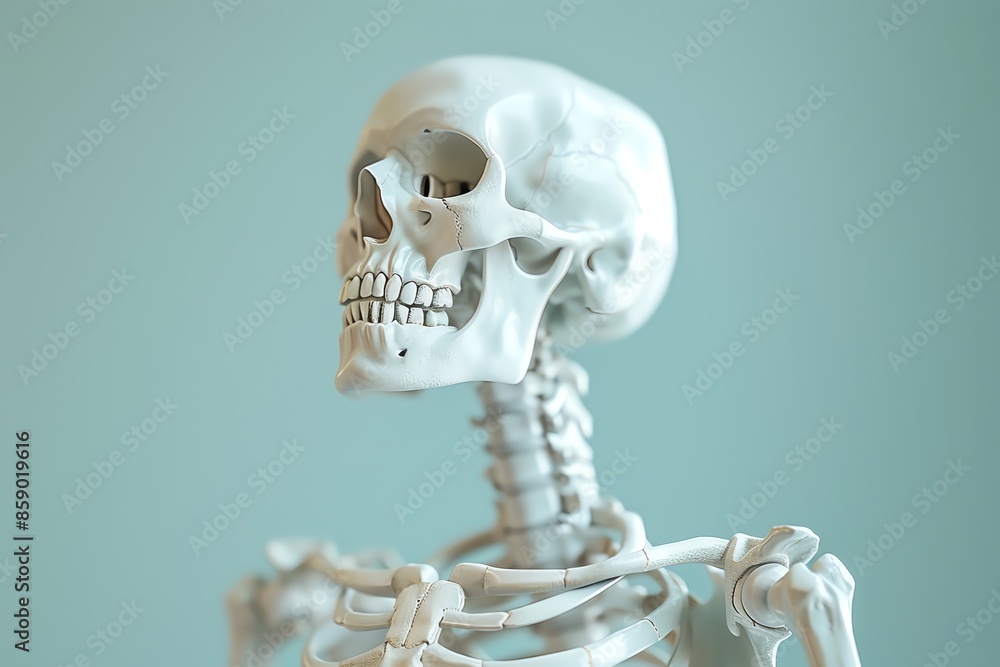 A human skeleton's skull and neck on a light blue background. The bones are white. The skull is looking to the right. A human skeleton's skull and neck on a light blue background. The bones are white. The skull is looking to the right.