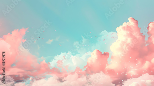 Dreamy sky with pink and white fluffy clouds against a blue pastel background, creating a serene and magical atmosphere.