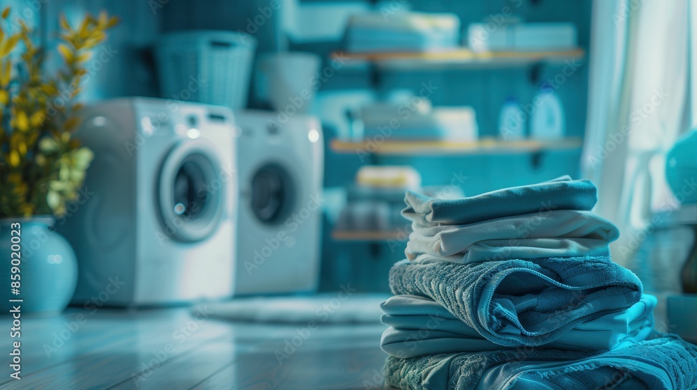 A stack of folded laundry sits in front of a washing machine, with shelves and cleaning supplies visible in the background. The room has a blue color scheme. Generative AI A stack of folded laundry sits in front of a washing machine, with shelves and cleaning supplies visible in the background. The room has a blue color scheme. Generative AI