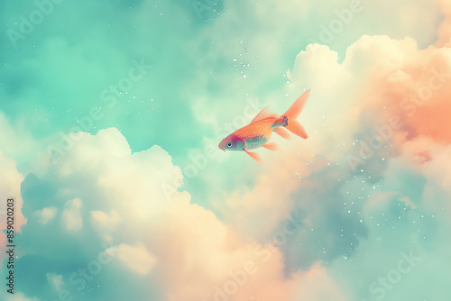 Surreal image of a lone fish swimming in a dreamlike sky filled with pastel clouds, symbolizing imagination and peace.