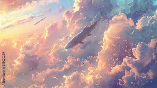 Surreal image of a whale swimming among clouds in a colorful sky, creating an imaginative and dreamy atmosphere.