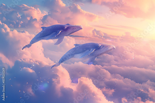 Surreal image of whales swimming in pink and blue clouds, creating a dreamy, ethereal atmosphere. Perfect for fantasy and imaginative themes.