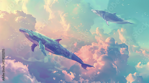 Surreal image of whales swimming through the sky amidst cotton-candy clouds in a dreamy, fantasy setting.