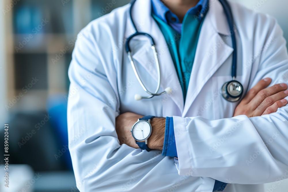 Close-up of a doctor's arms crossed, wearing a white coat and stethoscope. Close-up of a doctor's arms crossed, wearing a white coat and stethoscope.