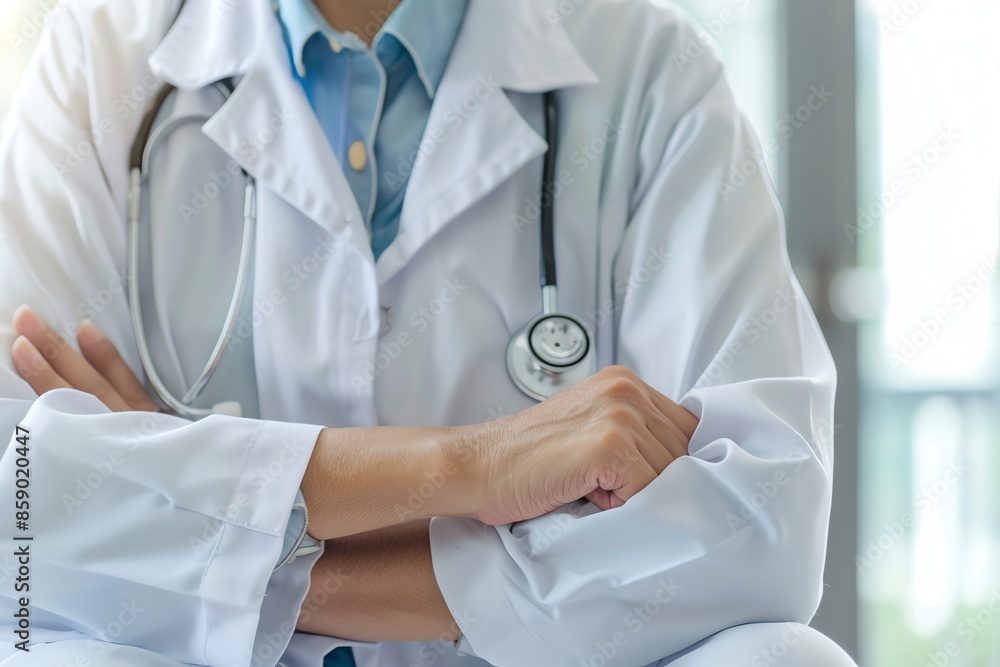 Close-up of a doctor's arms crossed, wearing a white coat and stethoscope. Close-up of a doctor's arms crossed, wearing a white coat and stethoscope.