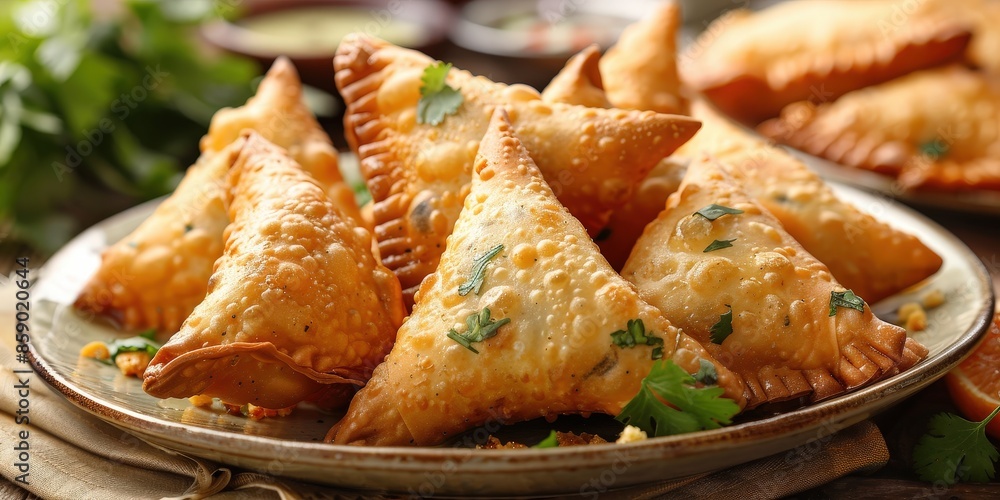 Close-Up of Crispy Samosas with Fresh Parsley Garnish Close-Up of Crispy Samosas with Fresh Parsley Garnish