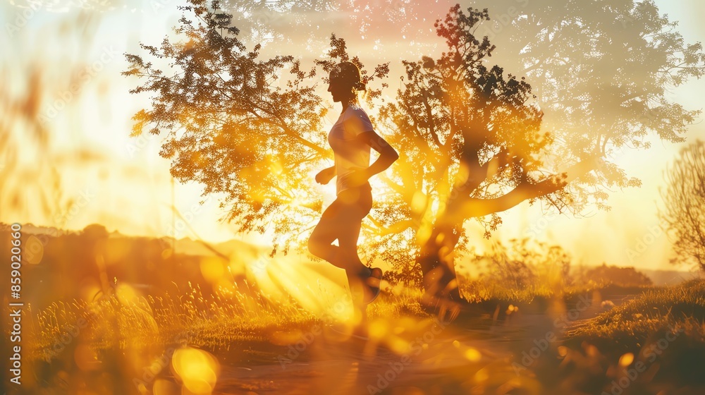 Silhouette of a runner in a field at sunset, with golden light streaming through the trees. Silhouette of a runner in a field at sunset, with golden light streaming through the trees.