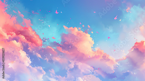 Vibrant, dreamy sunset sky with colorful pink and blue clouds, perfect for backgrounds and artistic nature themes.