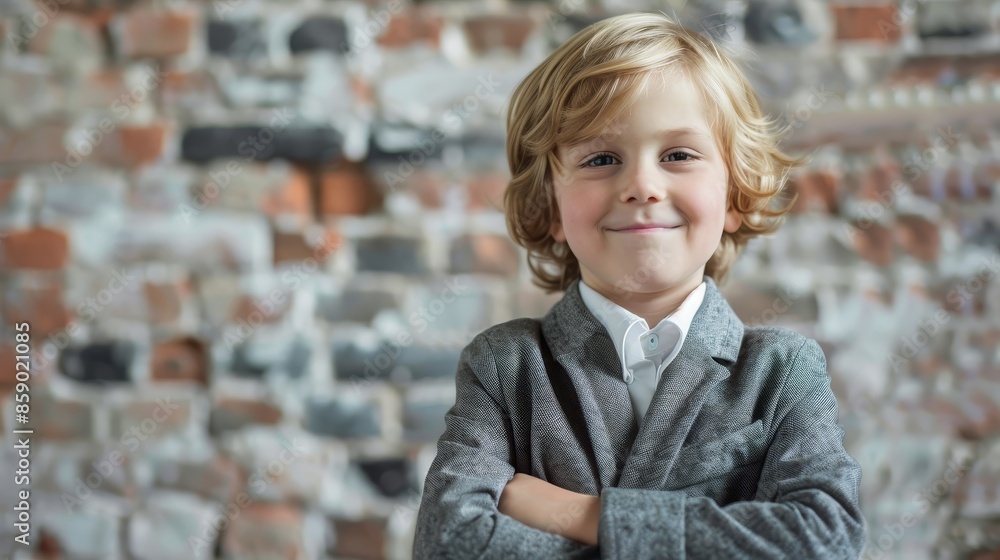 A cute boy in a business suit stands with his arms crossed and looks at the camera. The background has space for text. A cute boy in a business suit stands with his arms crossed and looks at the camera. The background has space for text.