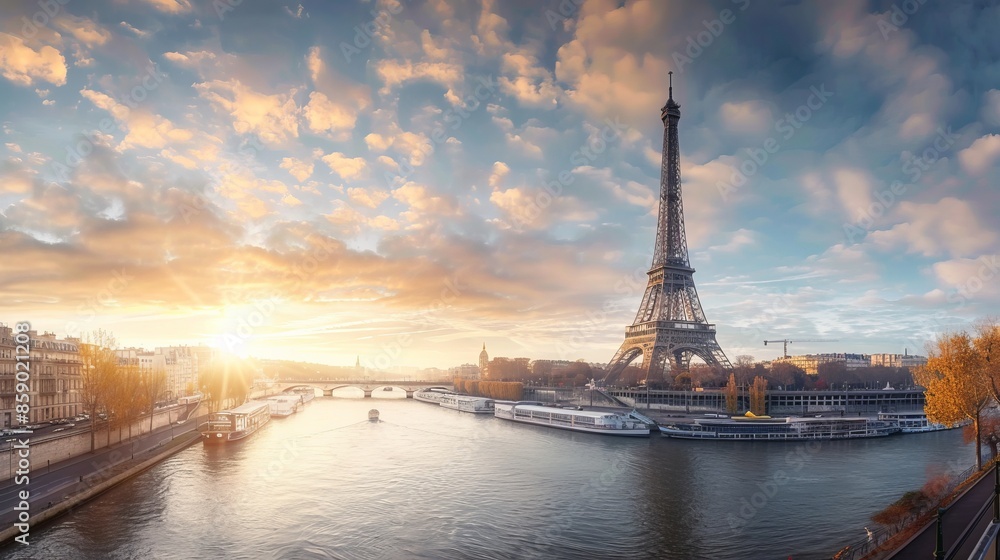 Fototapeta premium Stunning sunset over Paris with Eiffel Tower in the background. Beautiful sky with warm colors. Perfect for travel and tourism. High-quality photo for prints and digital use. AI