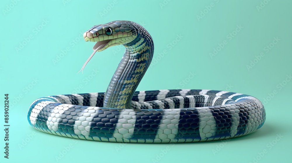 Fototapeta premium 3d King Cobra Black Snake The world's longest venomous snake isolated on green background, King cobra snake 3d illustration, King cobra snake 3d Rendering.