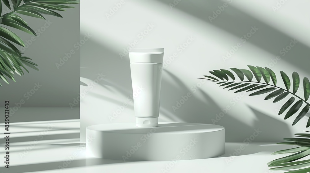 White tube of cream on a podium with palm leaves and sunlight White tube of cream on a podium with palm leaves and sunlight