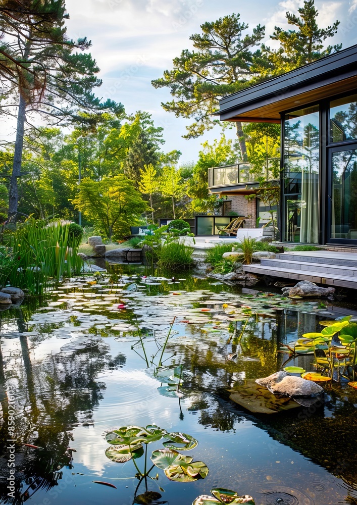 A modern house with a pond and water lilies. A modern house with a pond and water lilies.