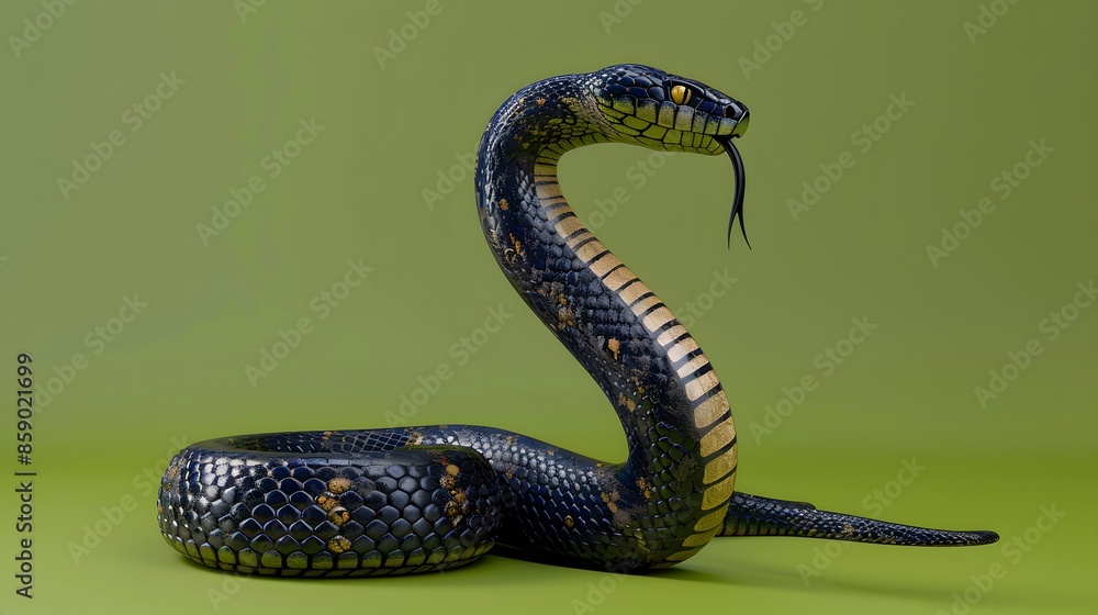 Fototapeta premium 3d King Cobra Black Snake The world's longest venomous snake isolated on green background, King cobra snake 3d illustration, King cobra snake 3d Rendering. 