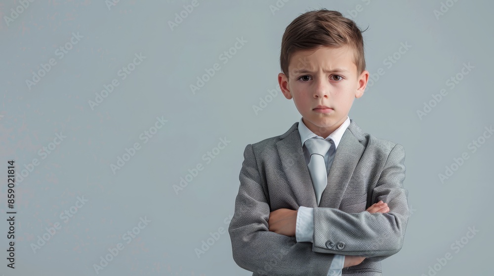 A cute boy in a business suit stands with his arms crossed and looks at the camera. The background has space for text.