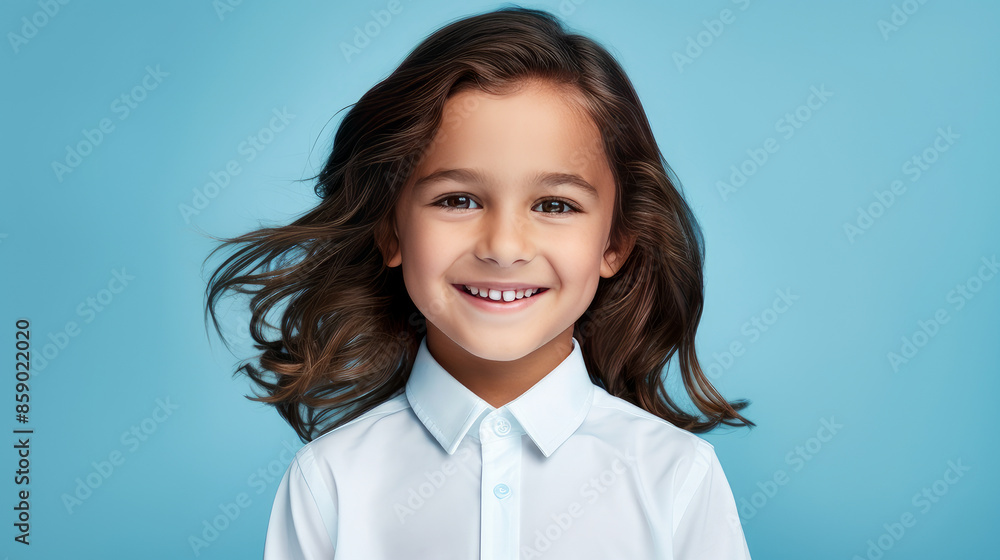 Portrait of a cute happy Hispanic Latino boy child with long hair and perfect skin, light blue background, banner.