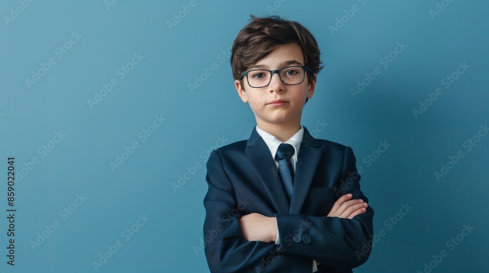 A cute boy in a business suit stands with his arms crossed and looks at the camera. The background has space for text. A cute boy in a business suit stands with his arms crossed and looks at the camera. The background has space for text.