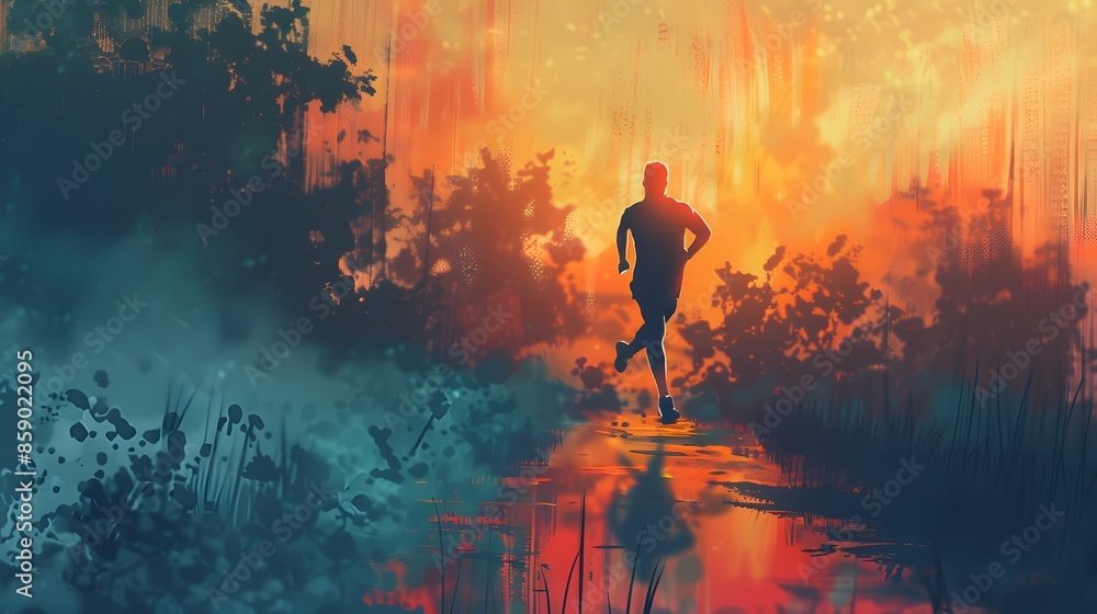 Fototapeta premium Digital artwork of a man running outdoors, highlighting aerobic exercise and its benefits for cardiovascular health and stamina