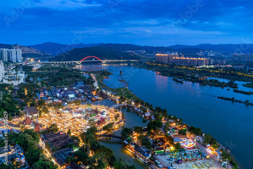 Aerial view of the Starlight Night Market in Xishuangbanna, Yunnan, China. photo