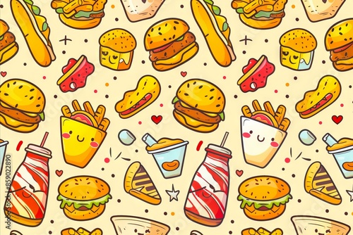 A seamless pattern of fast food items.