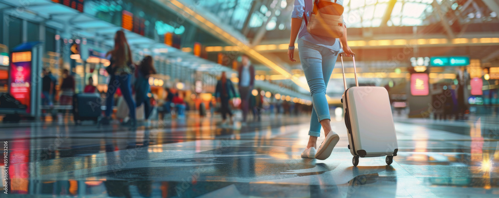 A woman dragging a suitcase, placed on the airport floor, the background realistically depicting an airport's vibrant atmosphere and architecture A woman dragging a suitcase, placed on the airport floor, the background realistically depicting an airport's vibrant atmosphere and architecture