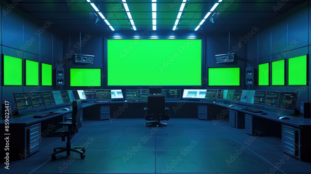 Modern Security System Control Room with Chroma Key Green Screen Modern Security System Control Room with Chroma Key Green Screen
