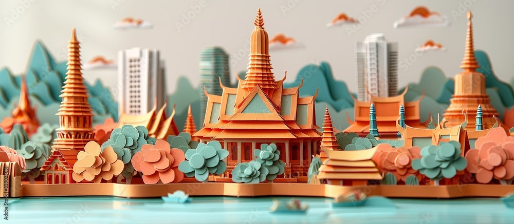 Discover the beauty of Bangkok with this detailed paper craft, highlighting the city's blend of historic temples, lively markets, and modern buildings. Illustration, Minimalism, Discover the beauty of Bangkok with this detailed paper craft, highlighting the city's blend of historic temples, lively markets, and modern buildings. Illustration, Minimalism,