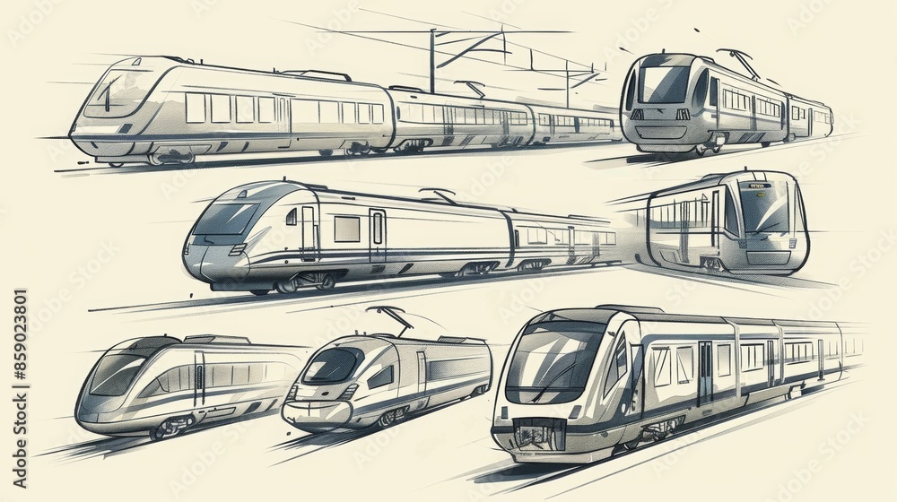 A collection of different train sketches representing the many different types of trains that exist. A collection of different train sketches representing the many different types of trains that exist.