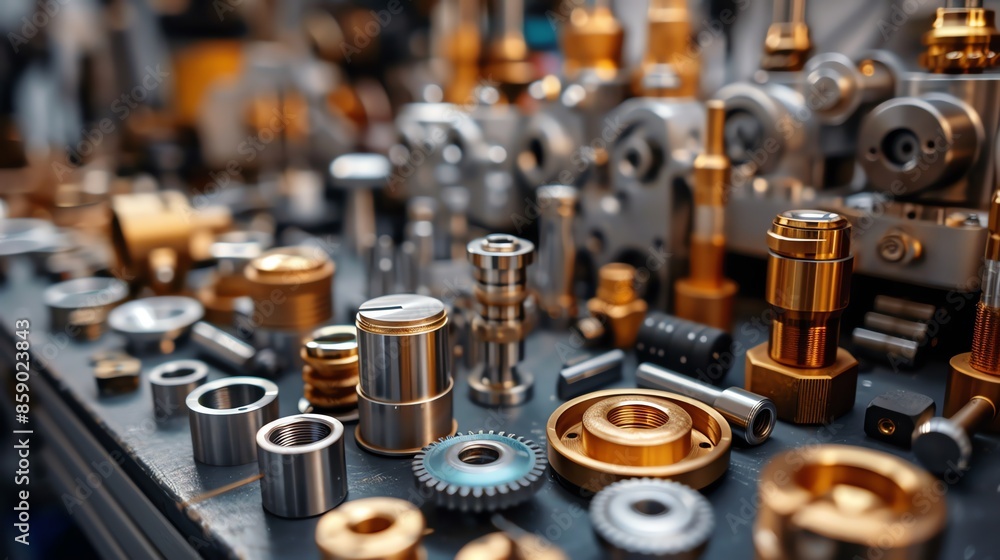 Close-up of various metal parts and components on a workshop table. Close-up of various metal parts and components on a workshop table.