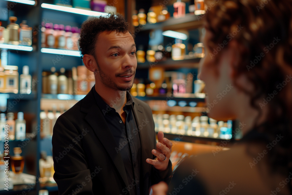 expert perfume salesman engaged in a conversation with a shopper, explaining the nuances of different fragrances. The boutique setting includes neatly organized shelves with variou expert perfume salesman engaged in a conversation with a shopper, explaining the nuances of different fragrances. The boutique setting includes neatly organized shelves with variou