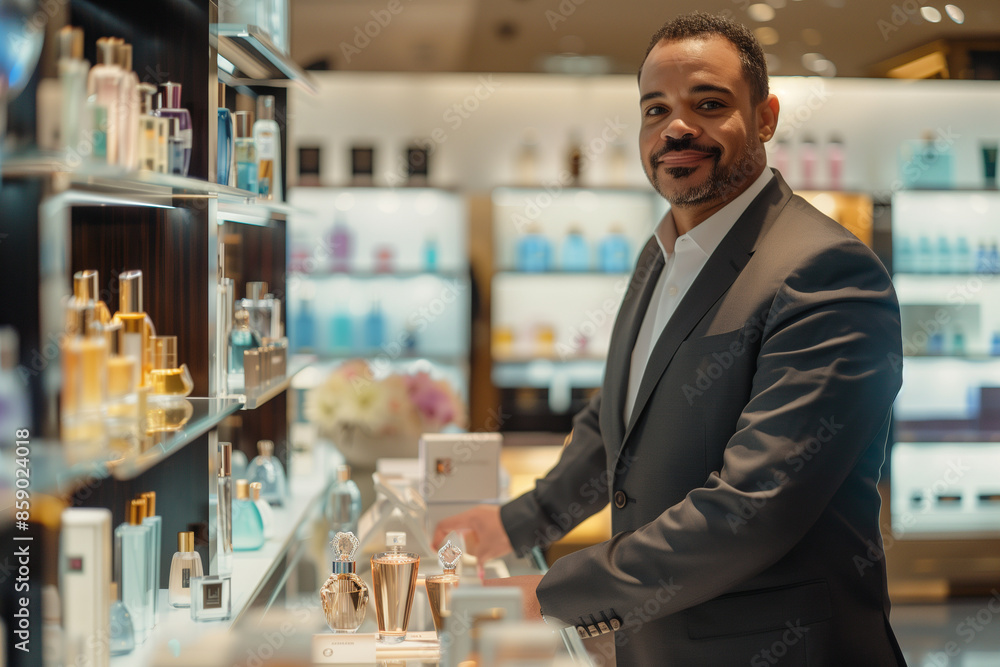 confident perfume consultant standing next to a display of the latest fragrance collection, showcasing the new perfumes to potential customers. The setting is a high-end department confident perfume consultant standing next to a display of the latest fragrance collection, showcasing the new perfumes to potential customers. The setting is a high-end department