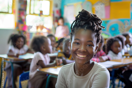 A smiling African American woman, surrounded by attentive students in a colorful classroom. She is actively engaging with the children, reading from an educational book on their de