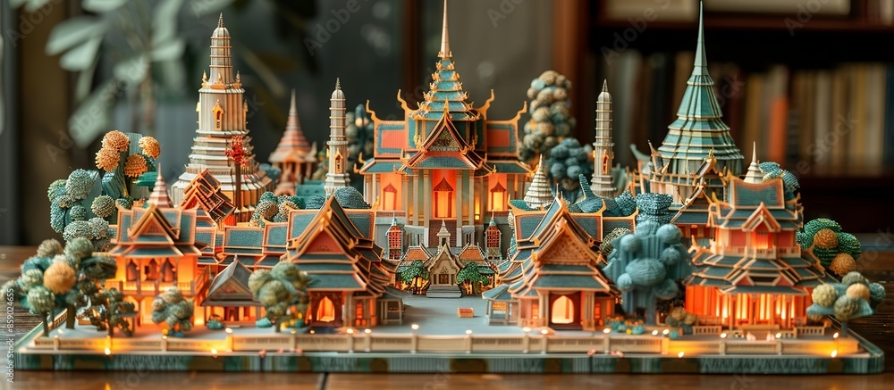 Fototapeta premium Explore the beauty of Bangkok with this detailed paper craft, showcasing the city's iconic temples, lively street markets, and modern architectural wonders in stunning detail. Illustration,
