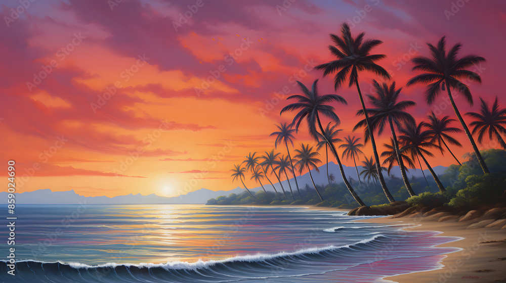 Fototapeta premium sunset beach with palm tree