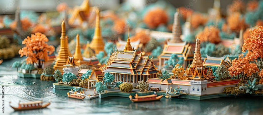 Immerse in the vibrant culture of Bangkok with this detailed paper craft illustration, showcasing the city's famous sights like the Grand Palace and the bustling Chatuchak Market. Illustration, Immerse in the vibrant culture of Bangkok with this detailed paper craft illustration, showcasing the city's famous sights like the Grand Palace and the bustling Chatuchak Market. Illustration,